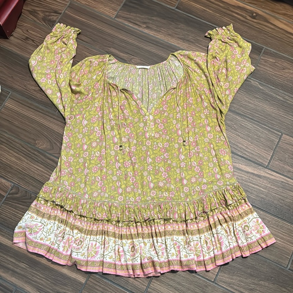 Spell & The Gypsy Dahlia Long Sleeve Tunic Dress Pink Floral Ruffle S